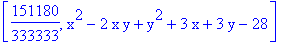 [151180/333333, x^2-2*x*y+y^2+3*x+3*y-28]